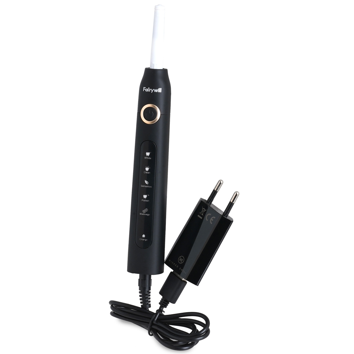 Schwarze elektrische Zahnbürste mit Ladegerät. Die Zahnbürste und das Ladegerät sind auf weißem Hintergrund.