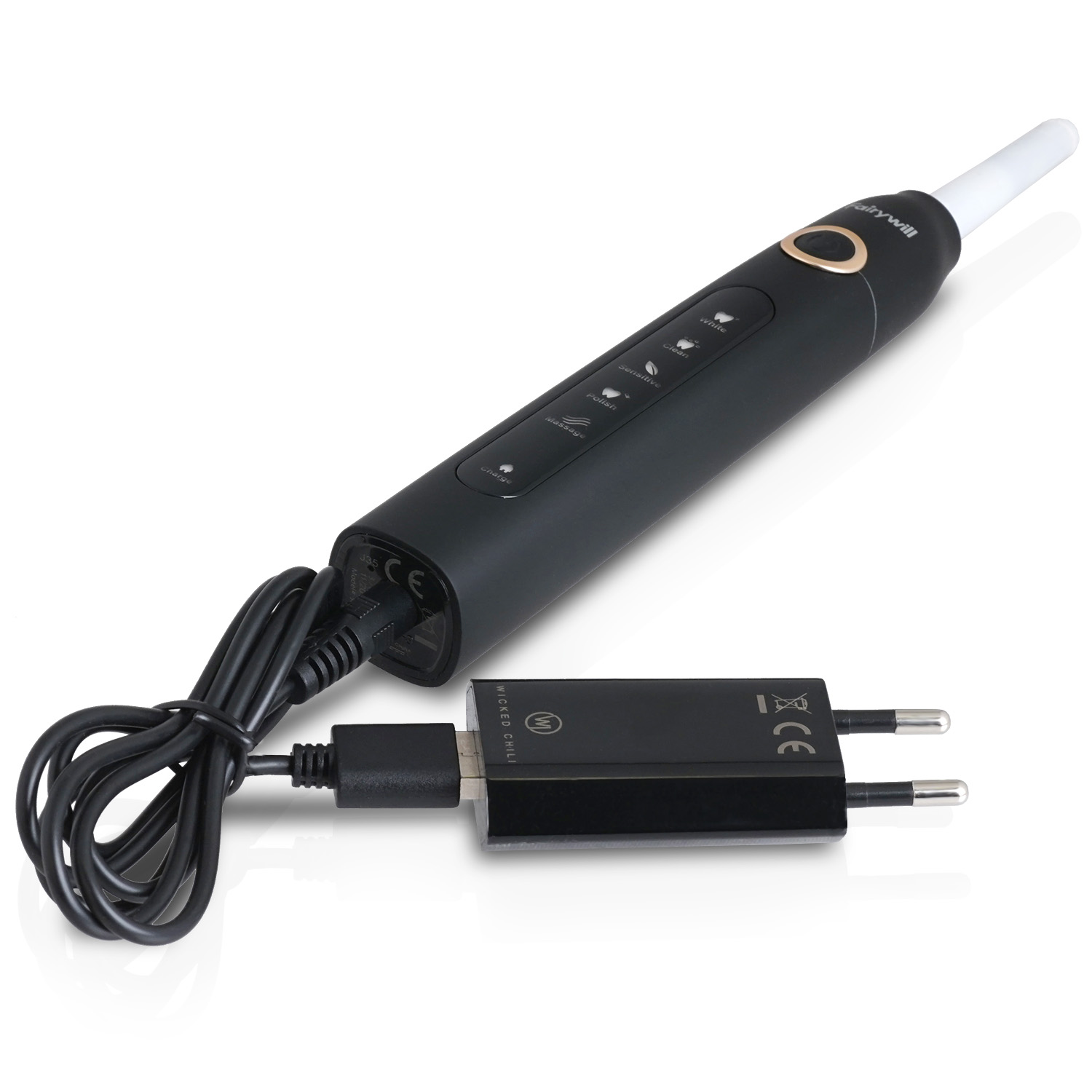 Schwarze elektrische Zahnbürste von Fairywill mit Ladegerät. Die Zahnbürste hat Knöpfe, ein Ladekabel ist angeschlossen.