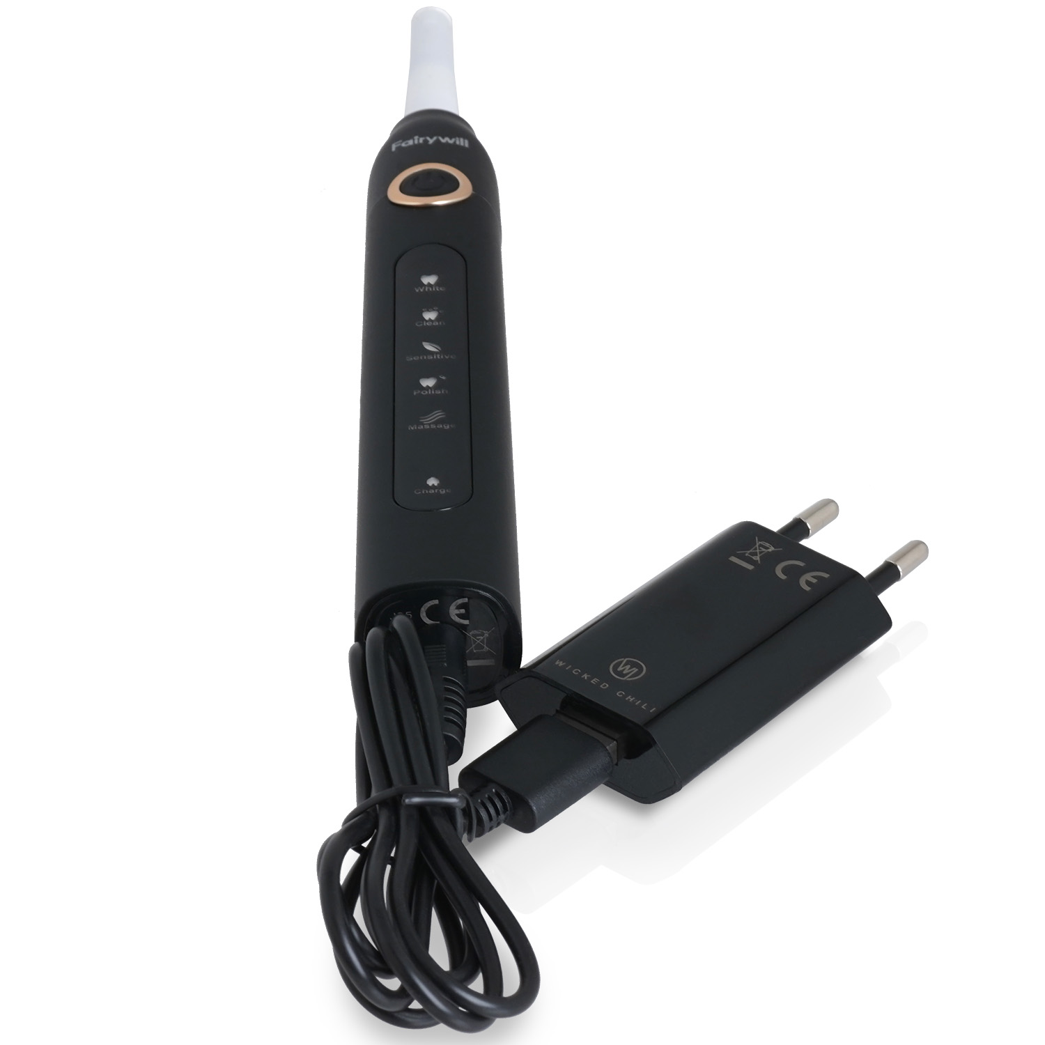 Eine schwarze elektrische Zahnbürste und eine Ladestation.