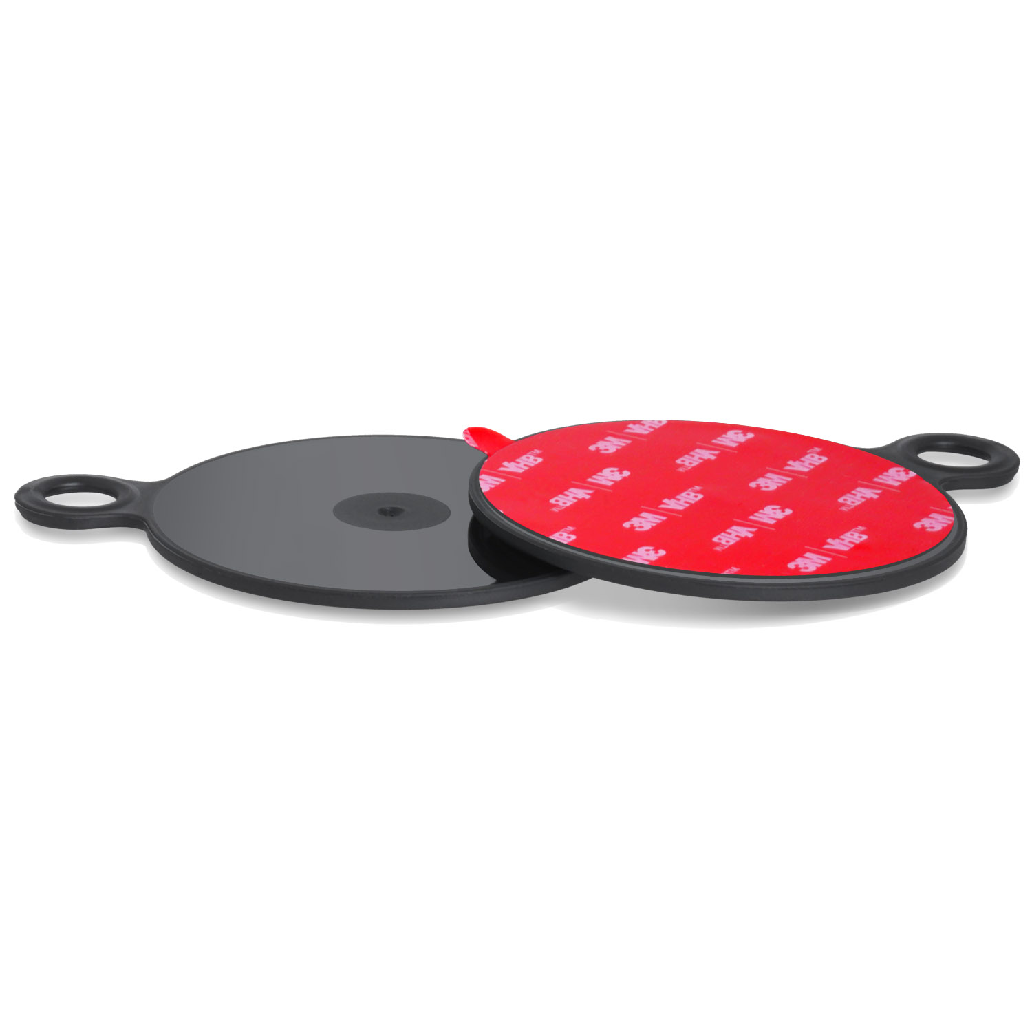 Zwei schwarze runde Pads, eines mit rotem Klebeband. Die Pads haben kleine Griffe.