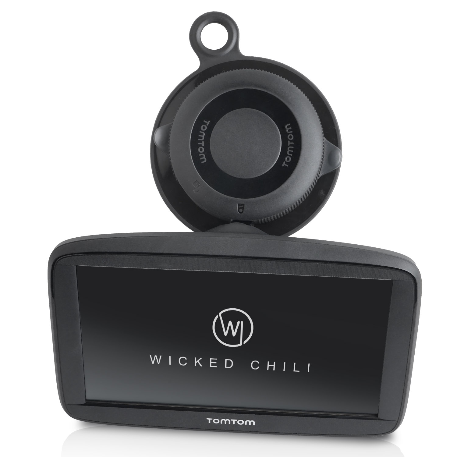 Schwarzes GPS-Gerät mit der Marke WICKED CHILI auf dem Bildschirm. Es ist an einem Saugnapf befestigt.