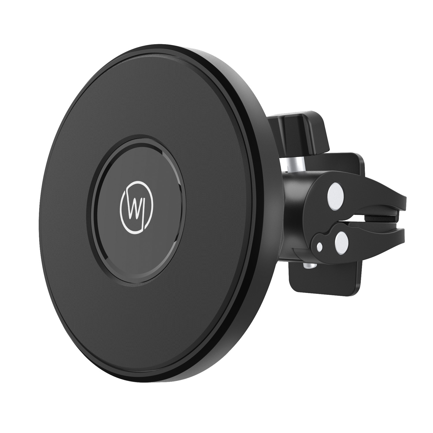 Schwarze, runde magnetische Autohalterung mit Logo. Es hat eine Telefonhaltefunktion.