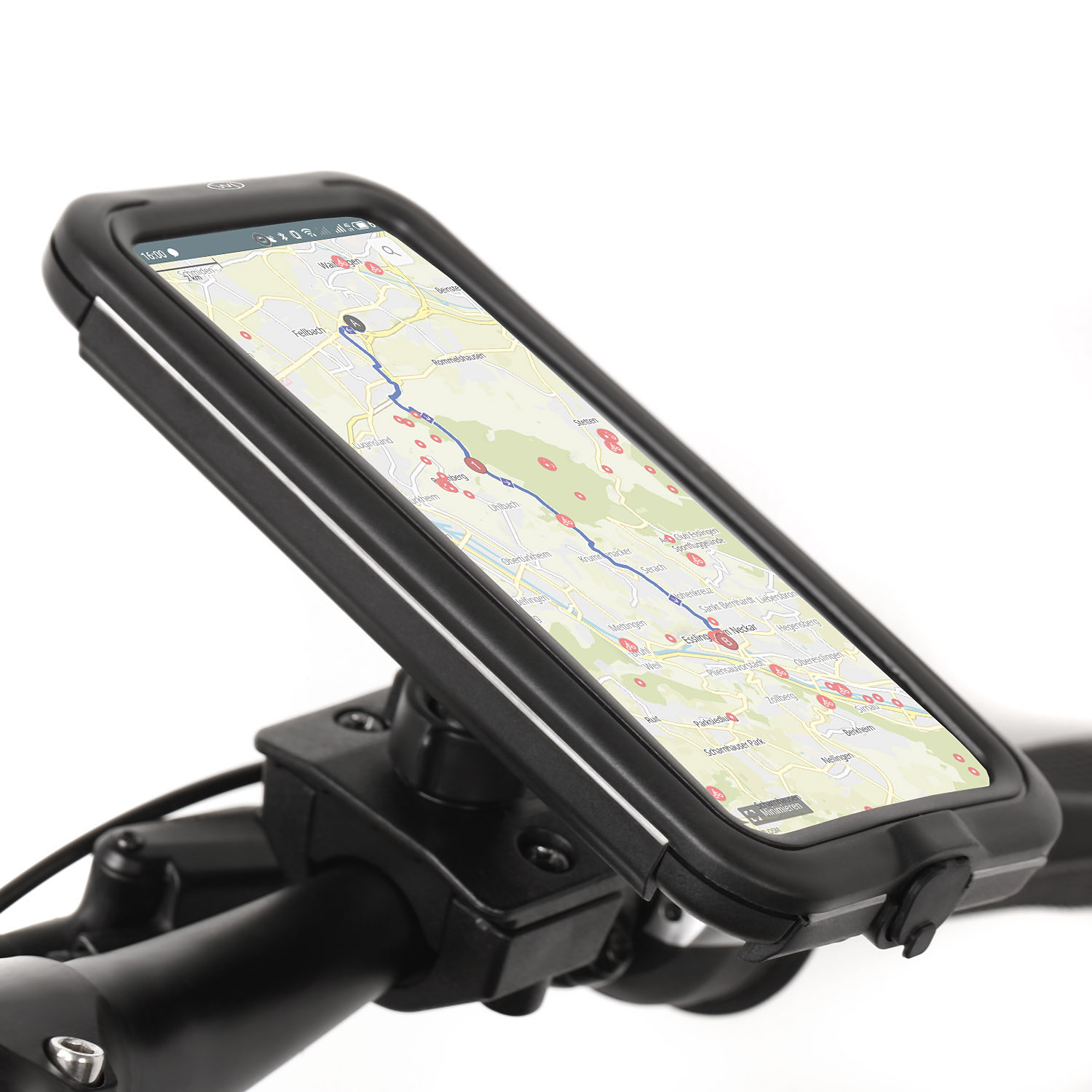 Am Lenker montiertes Telefon mit Navigationskarte.
