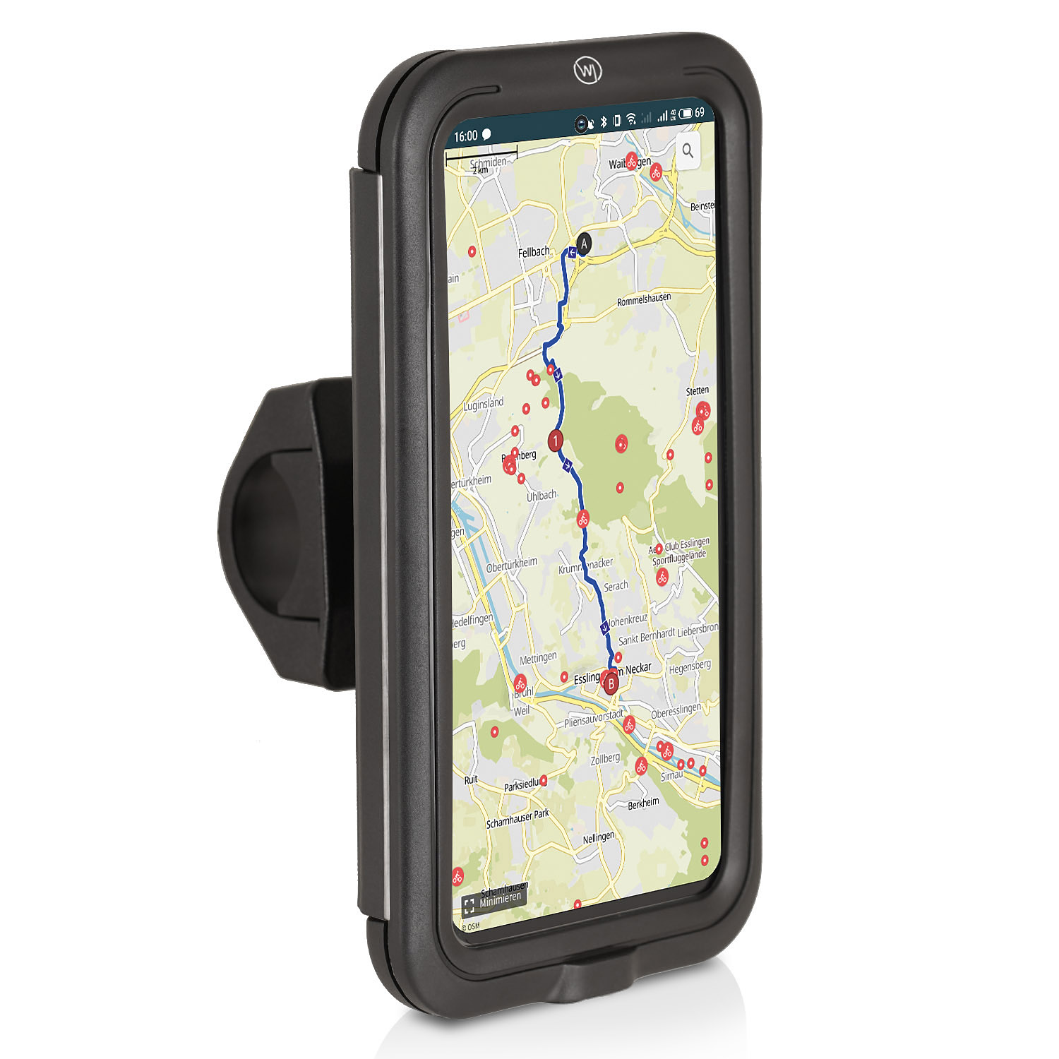 Ein schwarzes Telefon in einer Halterung, die eine Karte mit einer Route anzeigt. Die Halterung ist an einem Fahrrad.