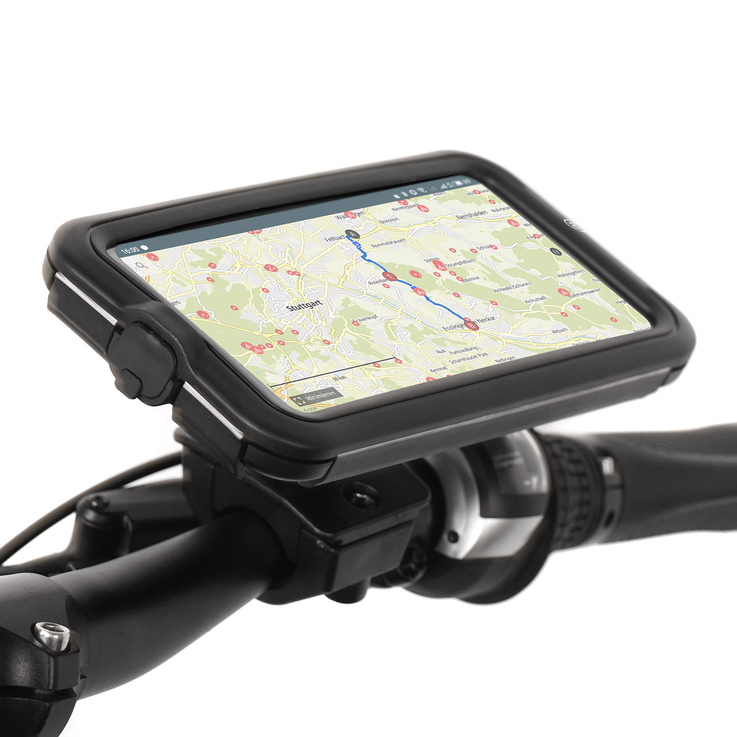 Ein Smartphone auf einem Fahrradlenker, das eine Karte mit einer Route und dem Stadtnamen anzeigt.