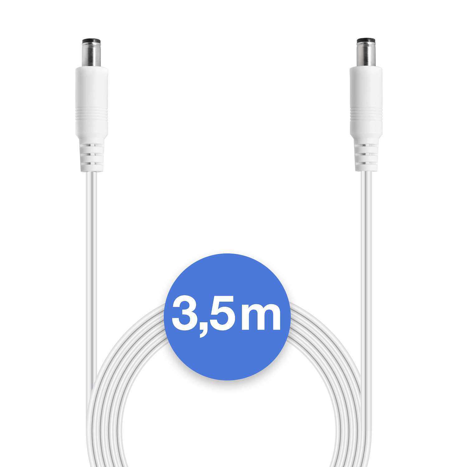 Weißes Kabel mit zwei Enden. Das Kabel hat einen blauen Kreis mit dem Text '3,5m'. Weißer Hintergrund.