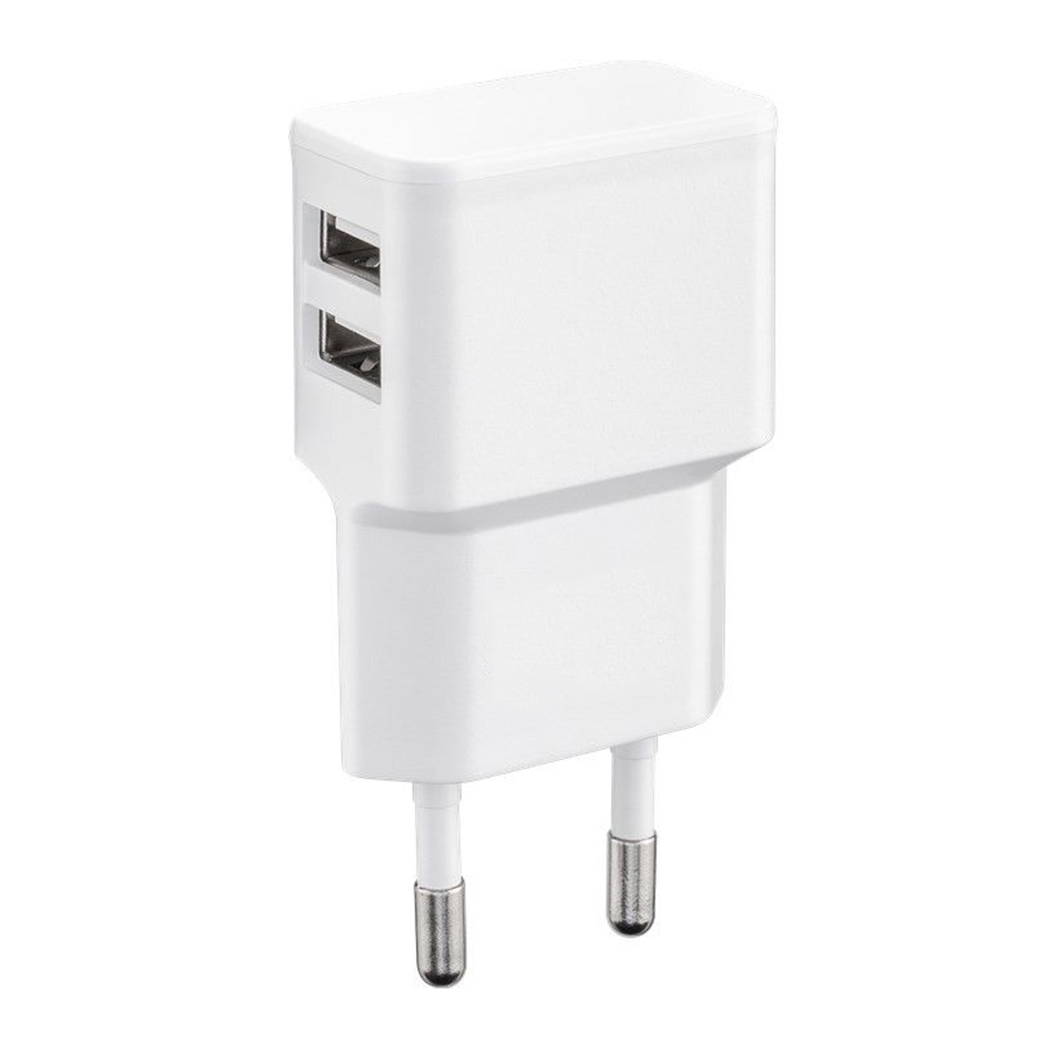 Ein weißes Ladegerät mit zwei USB-Anschlüssen. Es hat zwei Metallstifte für den Stecker.