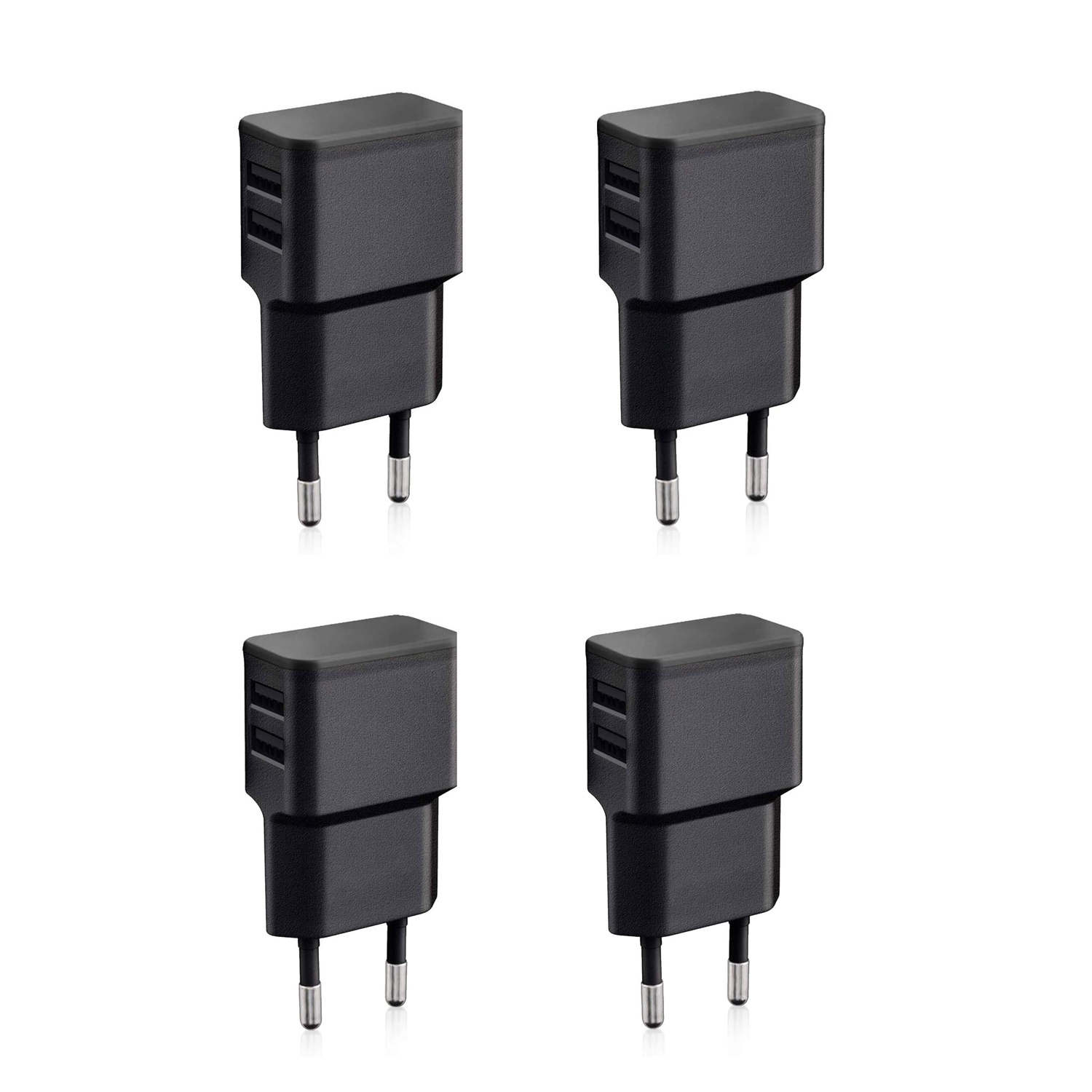 Vier schwarze USB-Ladegeräte. Jedes Ladegerät hat zwei USB-Anschlüsse. Sie sind alle schwarz und eingesteckt.