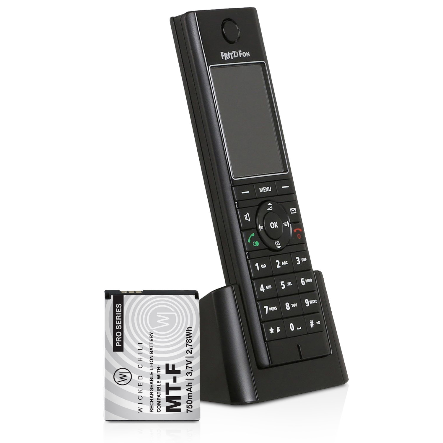 Schwarzes Telefon, Ladestation und Akku. Das Telefon steht auf seiner Ladestation.