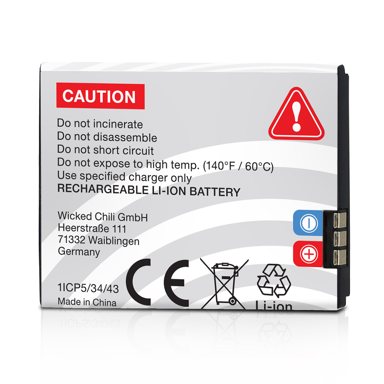 Batterie mit Vorsichtsetikett. Text enthält Warnungen vor Missbrauch.