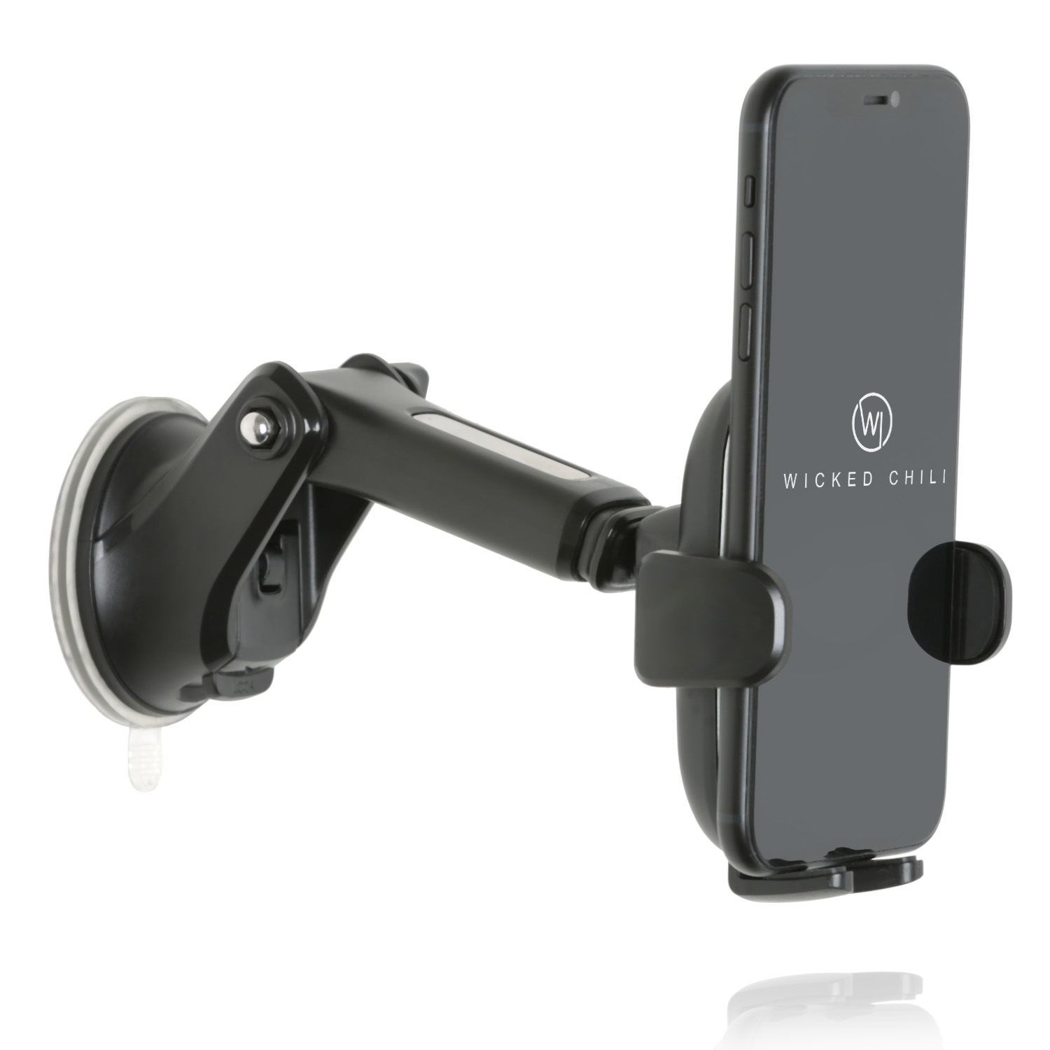 Schwarzer Telefonhalter mit Saugnapfbasis und einem Telefon mit der Marke "Wicked Chili".