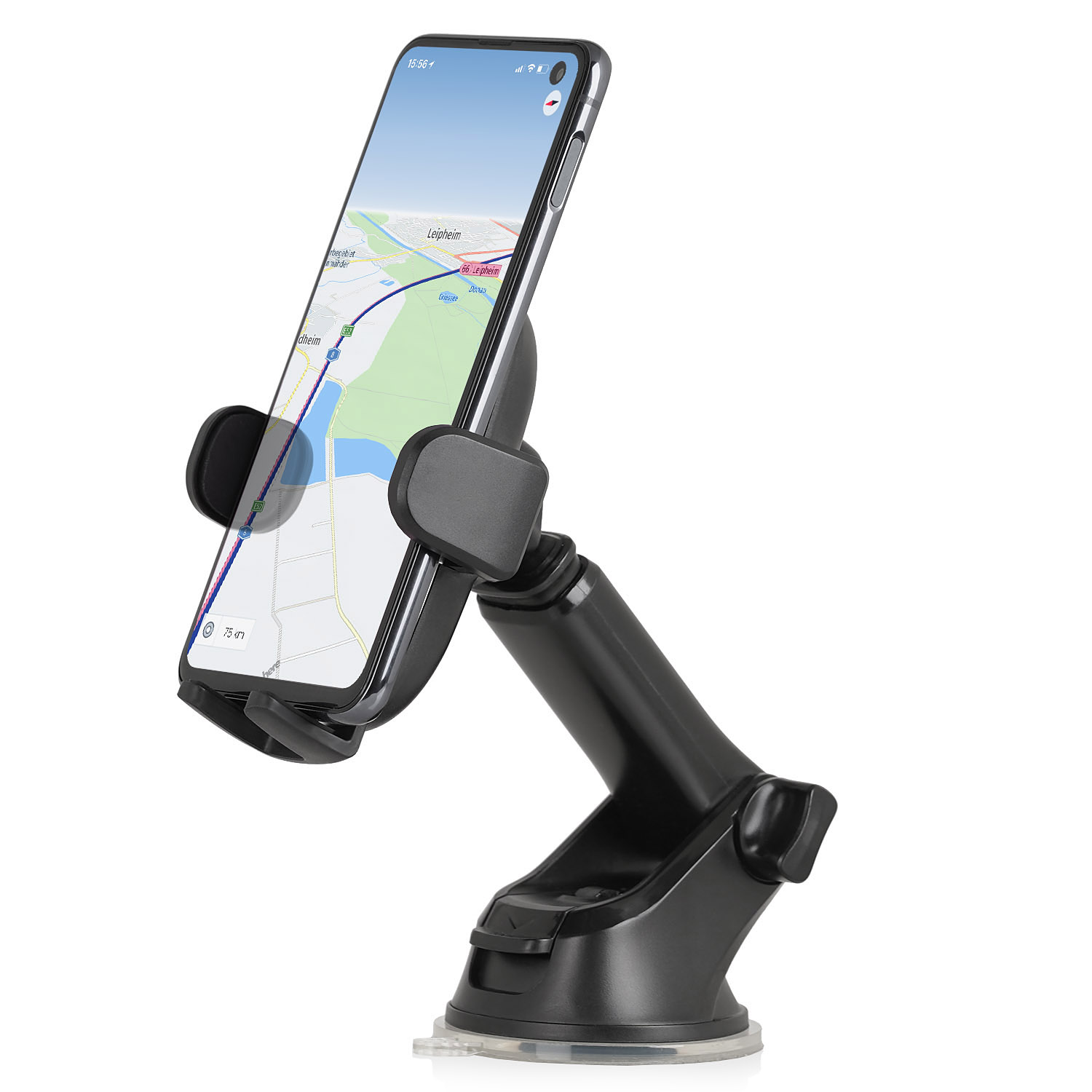 Schwarzes Telefon in einer Autohalterung mit Karte auf dem Bildschirm. Weißer Hintergrund.
