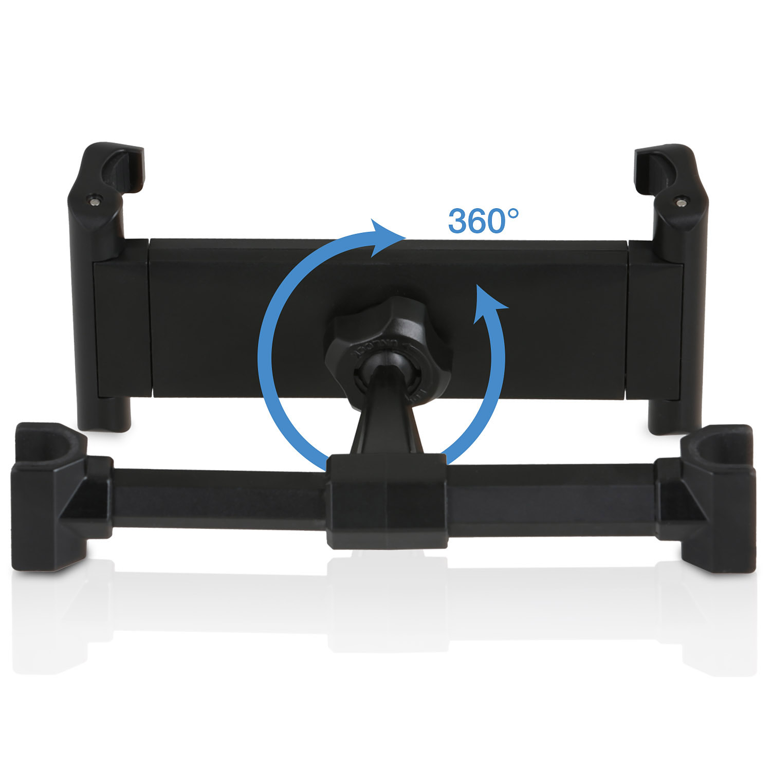Schwarzer Tablethalter, 360°-Drehung durch einen blauen Pfeil dargestellt. Weißer Hintergrund.