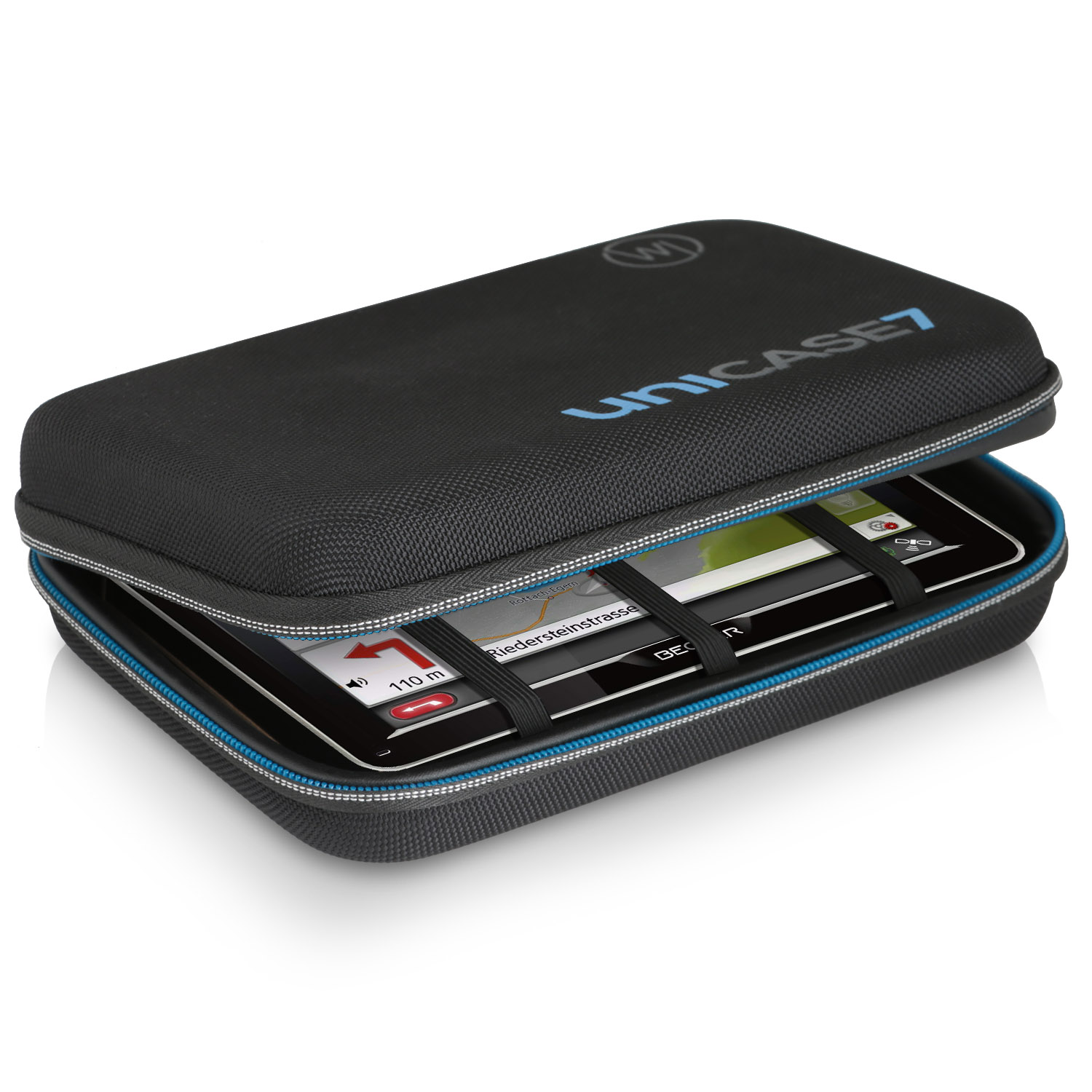 Schwarzes Etui mit Tablet darin. Das Etui ist geöffnet und hat ein blaues Innere.