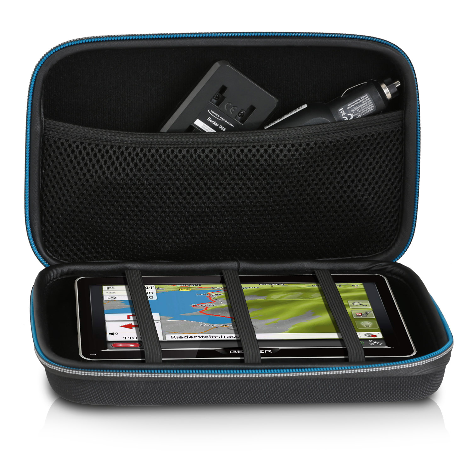 Ein offener schwarzer Koffer mit einem Tablet und Zubehör, blauer Reißverschluss.