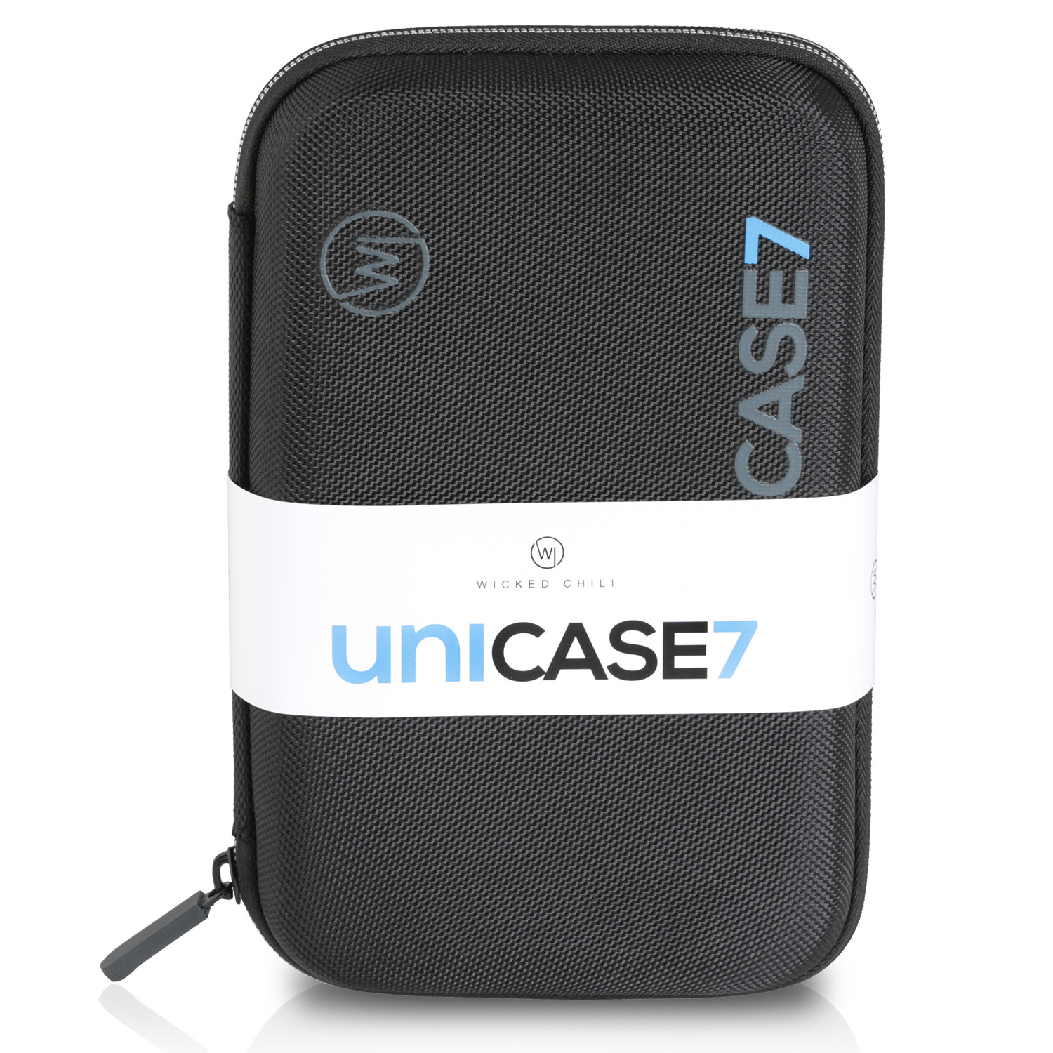 Eine schwarze Reißverschlusstasche mit weißem Band und Logo. Der Text uniCASE7 und CASE7 ist sichtbar.