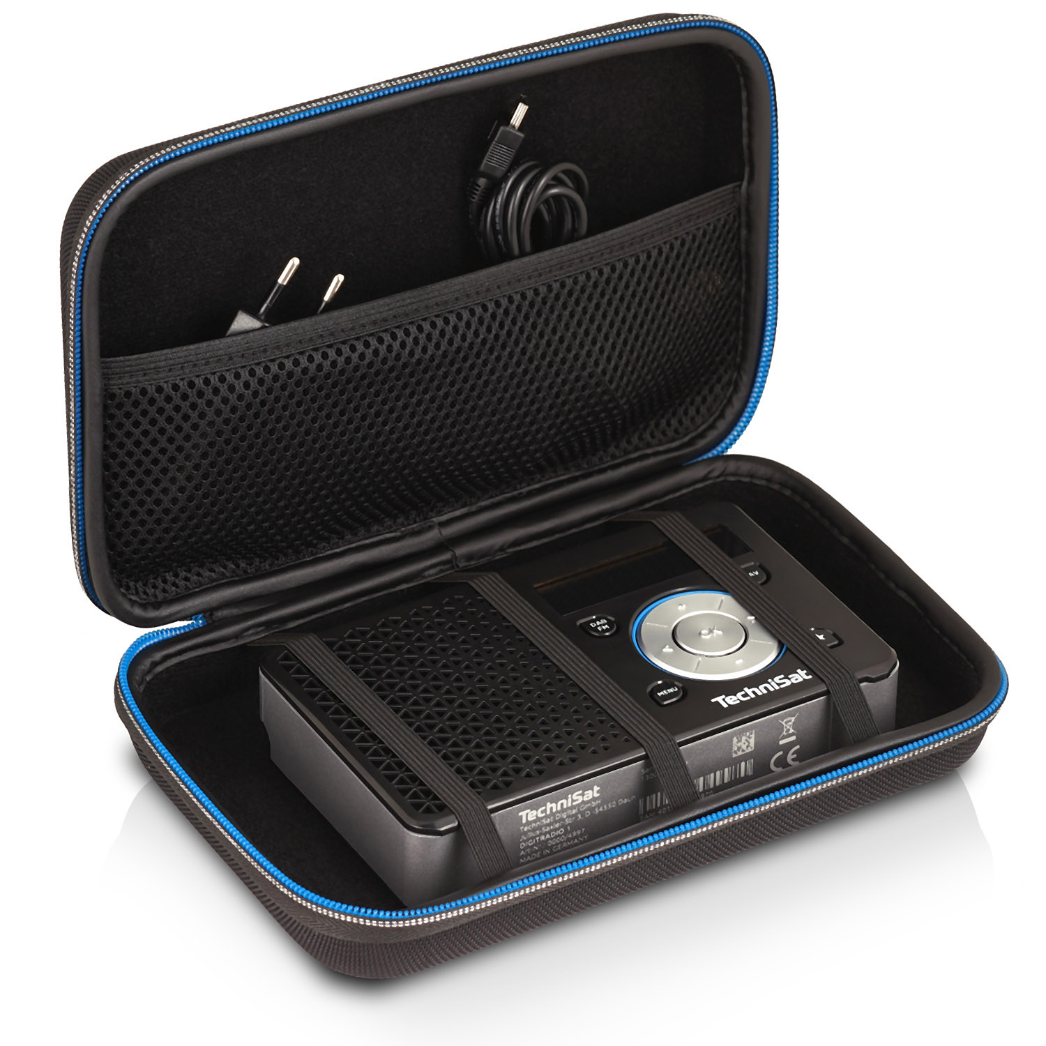 Schwarzes Case mit blauem Reißverschluss, geöffnet, um Radio und Netztasche mit Kabeln zu zeigen.