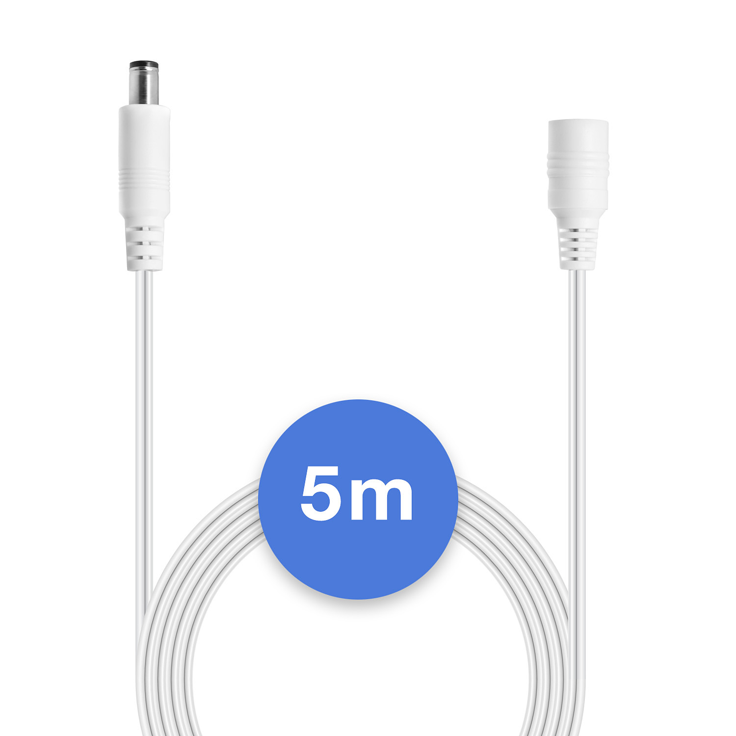 Weißes Kabel mit Anschlüssen an beiden Enden. Ein blauer Kreis zeigt 5 m.