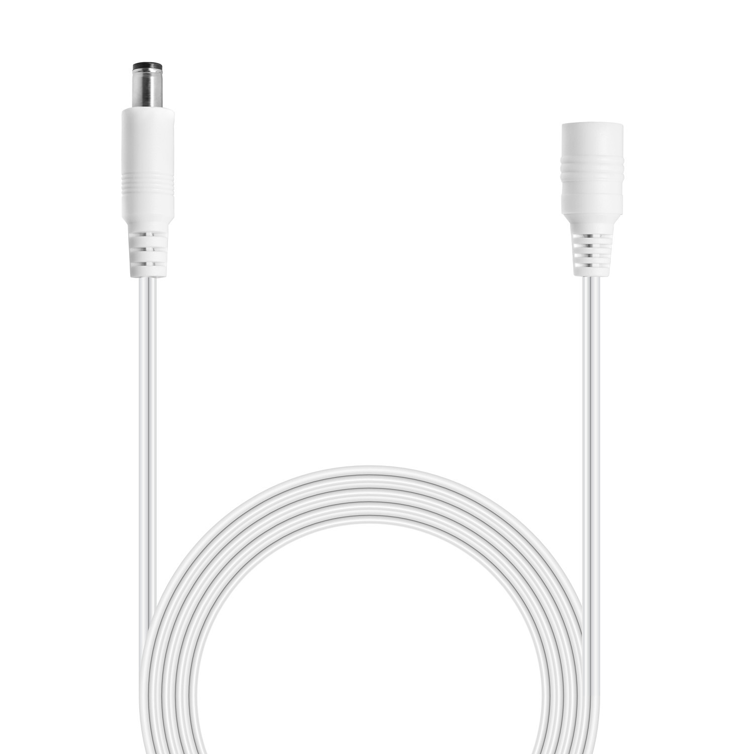 Weißes Kabel mit zwei Enden. Ein Ende ist ein Hohlstecker.