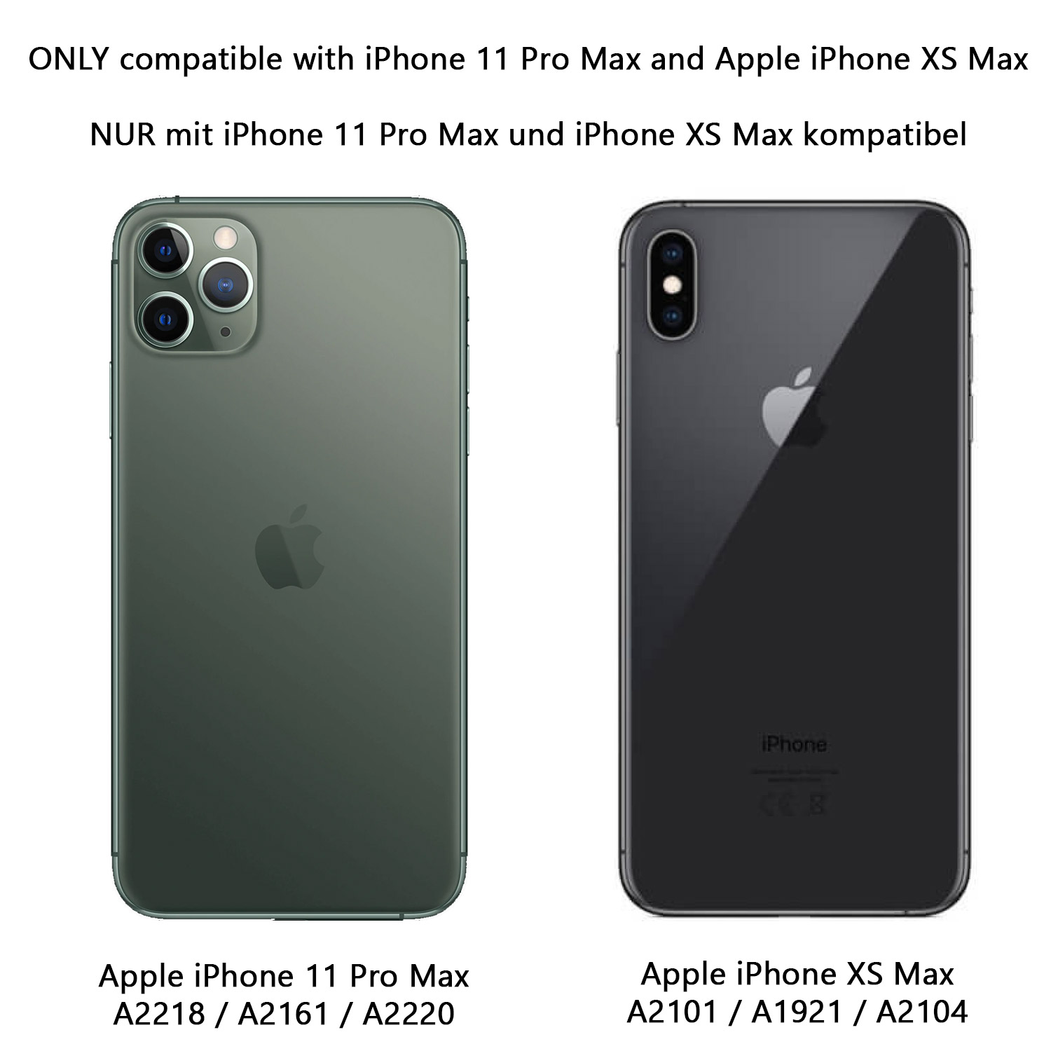 Zwei Telefone Rücken an Rücken. Grün: iPhone 11 Pro Max. Schwarz: iPhone XS Max.