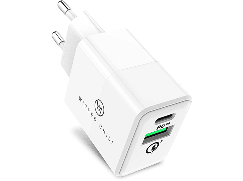 WICKED CHILI 20W Ladegerät Netzteil Quick Charge + USB C, Schnellladegerät für Apple iPhone 14, MagSafe, Samsung Dual USB Netzteil