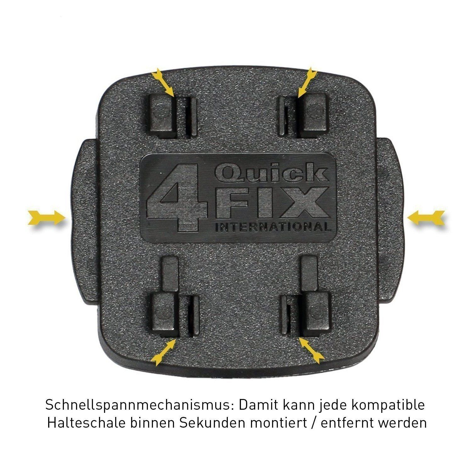 Schwarzes Quadrat mit vier Schlitzen und Pfeilen. Text: Quick Fix International. Für sichere Befestigung.