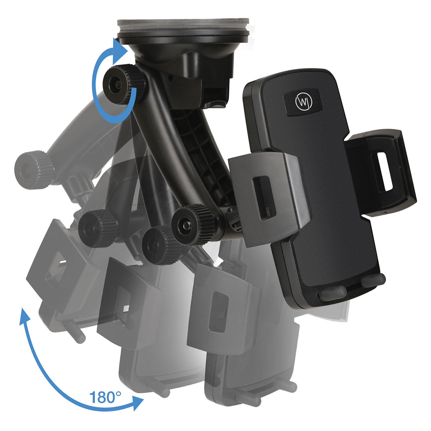 Eine schwarze Autotelefonhalterung mit verstellbaren Winkeln und Saugnapfbefestigung.