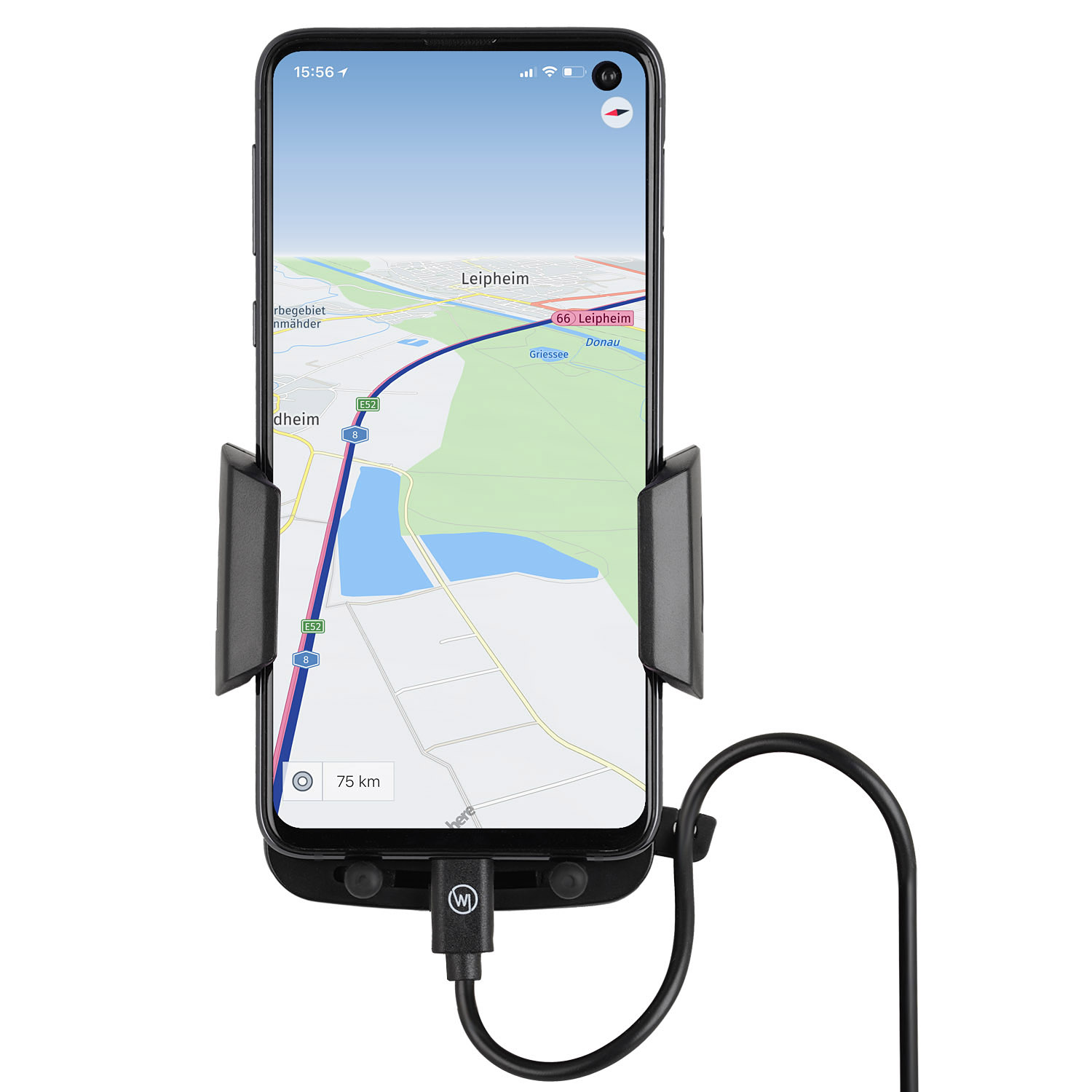 Ein Telefon ist in einer Autohalterung montiert und zeigt eine Karte mit Wegbeschreibungen an.