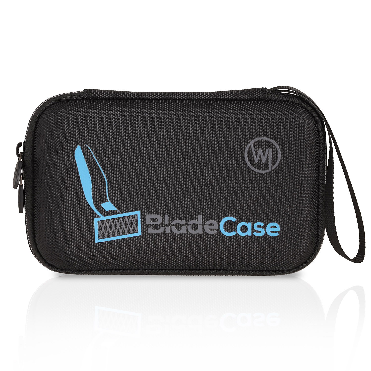 Eine schwarze Reißverschlusstasche mit blauem Logo. Das Logo ist ein stilisierter blauer Rasierer oder Trimmer.