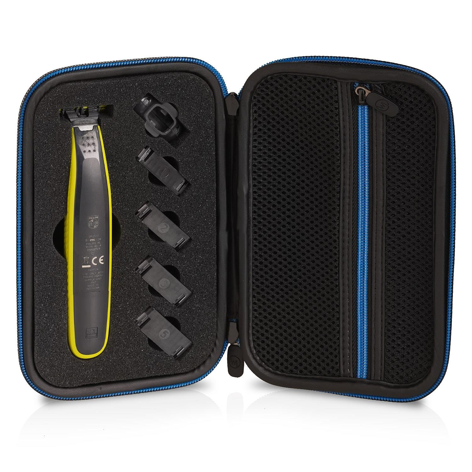 Offener Koffer mit gelb-schwarzem Trimmer. Zubehör und Schaumstoff innen. Blau-schwarzer Koffer.