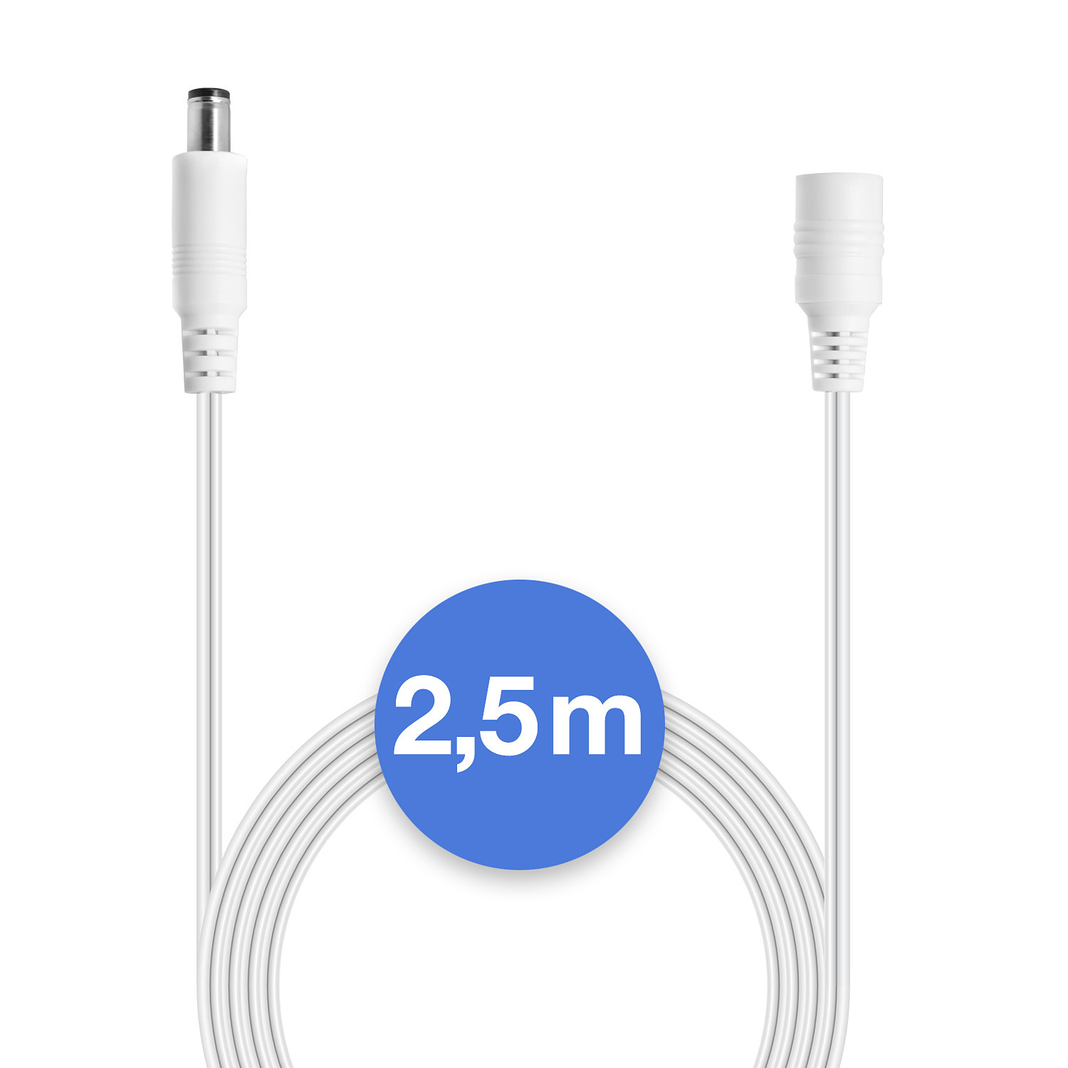Weißes Kabel mit Steckern. Blauer Kreis mit Text '2,5m' in der Mitte.