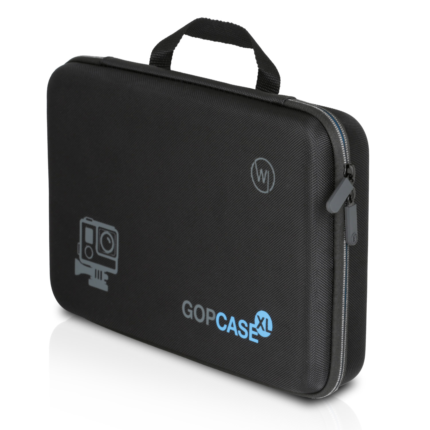 Schwarzes GoPro-Etui mit GoPro-Logo und blauem Text GOPCASE XL. Weißer Hintergrund.