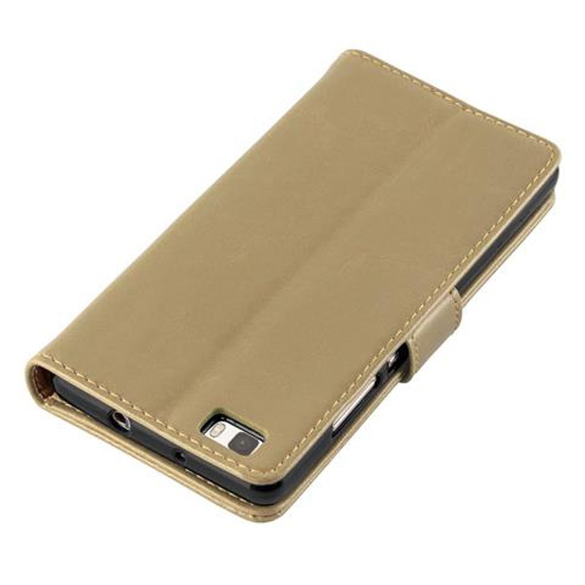 Una funda dorada para teléfono, cerrada. La funda está hecha de material dorado con una solapa.