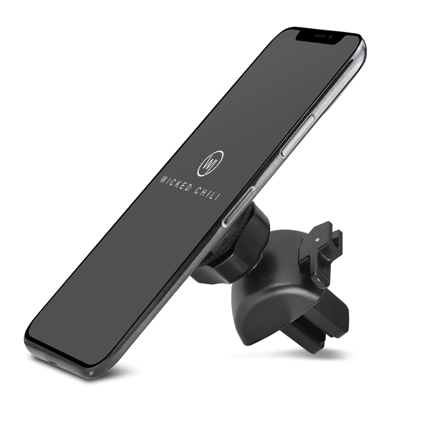 Schwarzes Telefon in schwarzem Lüfterhalter, geneigt. Das Telefon zeigt das Wicked Chili Logo.