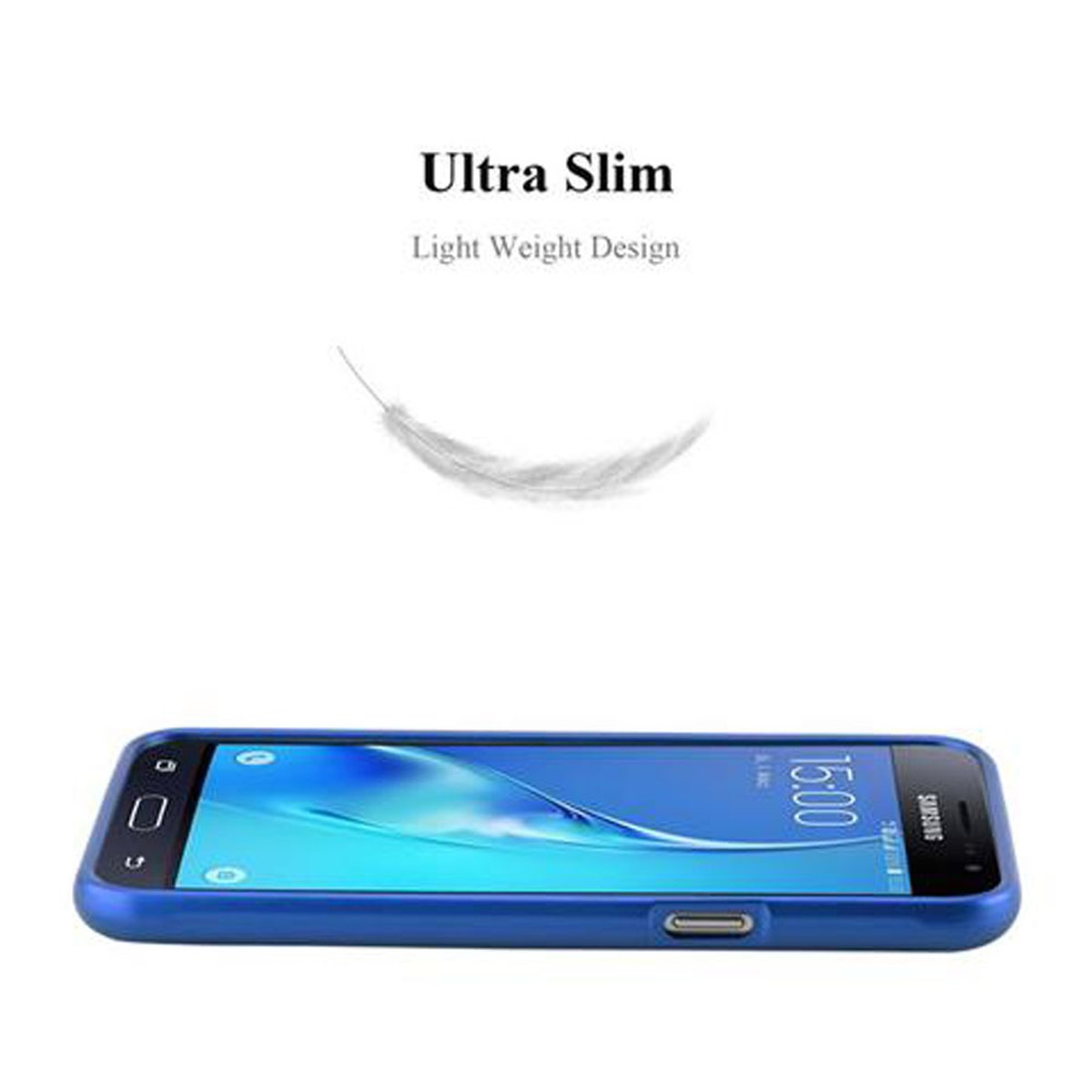 Un teléfono azul con una funda azul. Una pluma flota sobre el teléfono.