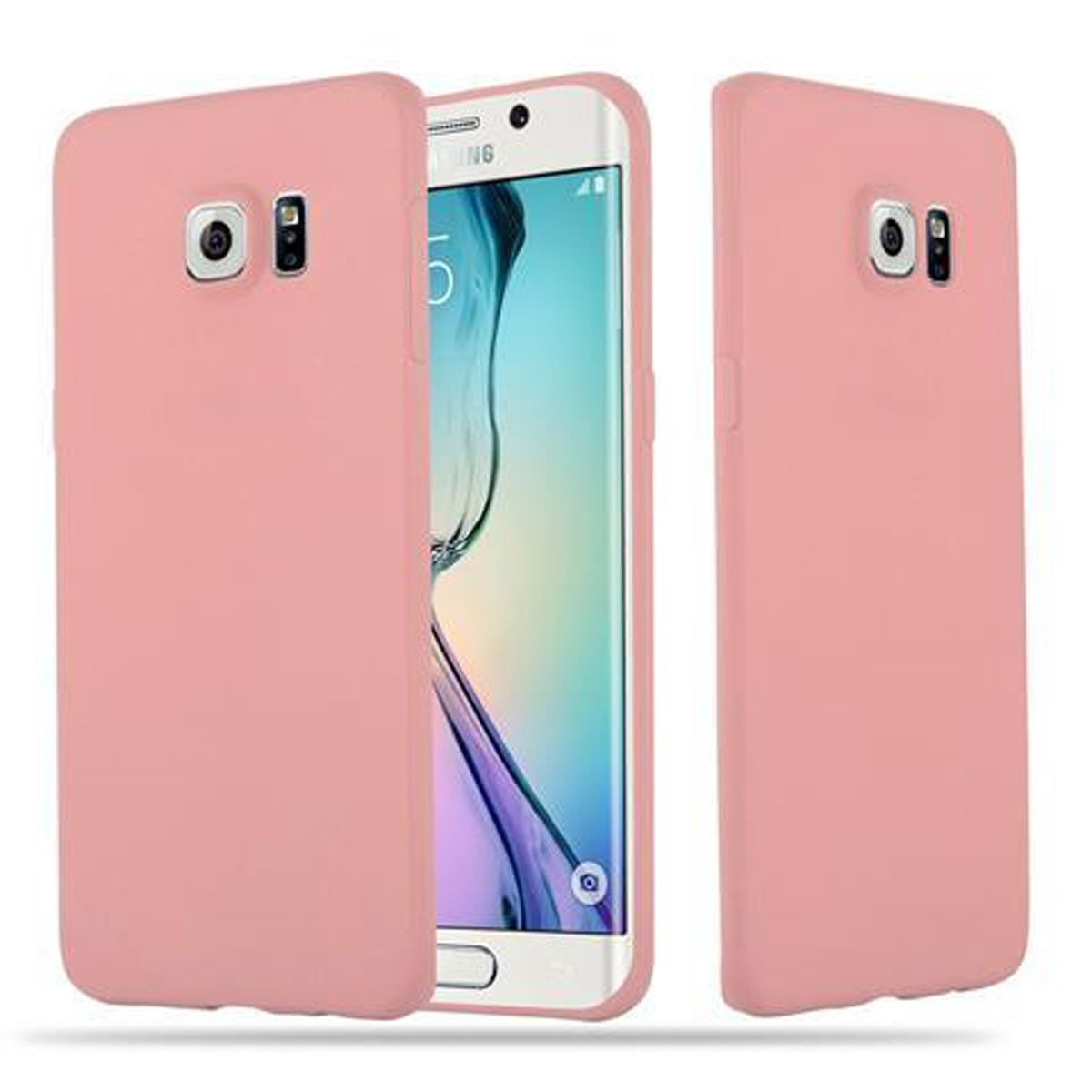 Custodia rosa con telefono dentro e custodia separata. Sfondo bianco.
