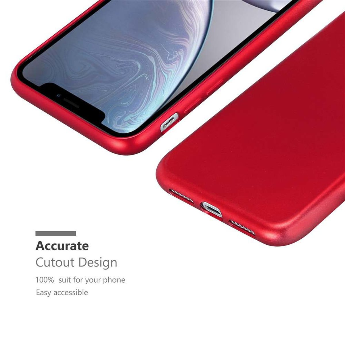 Un primo piano di una custodia per telefono rossa, che evidenzia il design ritagliato. Il testo menziona la vestibilità accurata.