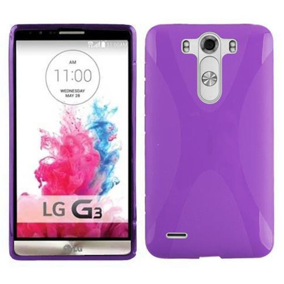 Teléfono LG G3 morado, vistas frontal y trasera. Frente muestra hora y fondo abstracto.