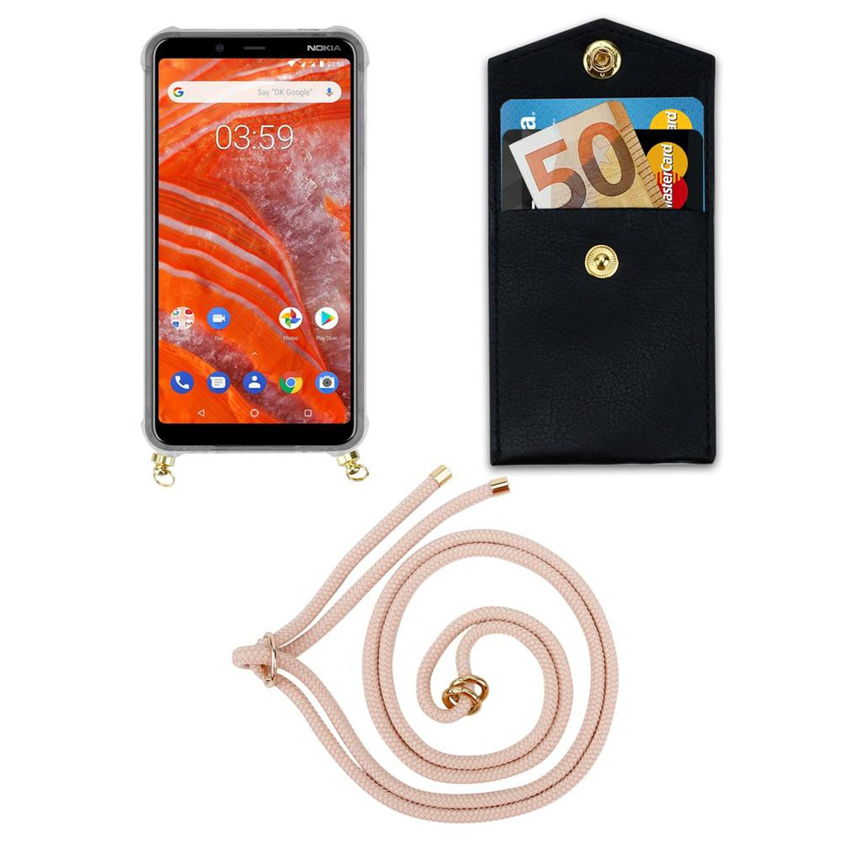 Handy Kordel Kette ROSÉGOLD CADORABO 3.1 Gold und Nokia, Backcover, PLUS, PERLIG Band abnehmbarer mit Ringen, Hülle,