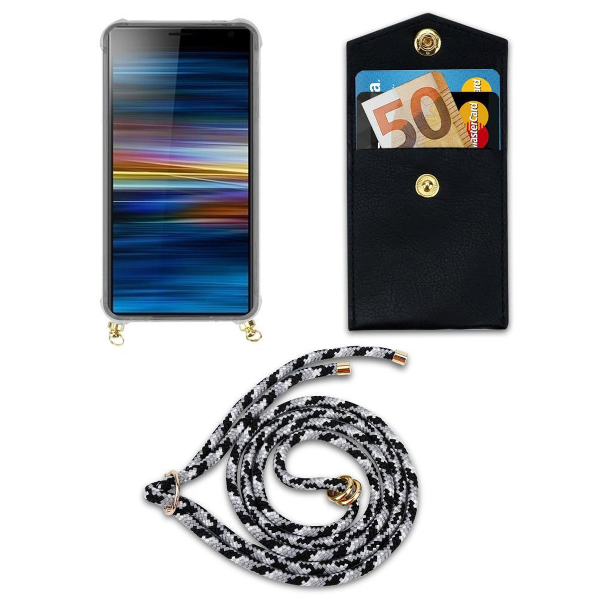 CADORABO Handy Kette mit Gold Sony, Hülle, Backcover, CAMOUFLAGE und SCHWARZ Band 10 Kordel abnehmbarer Ringen, Xperia PLUS