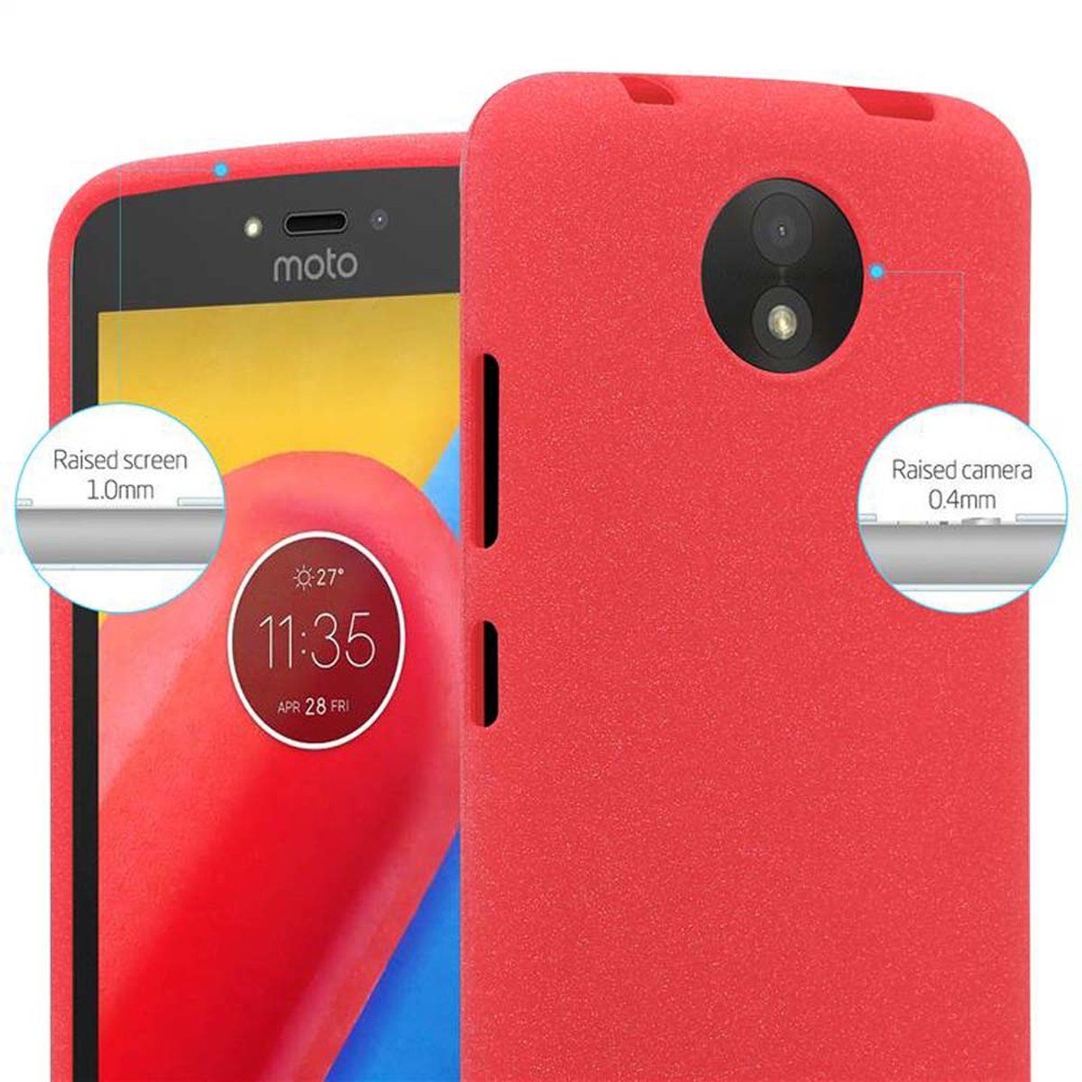 Telefono rosso in una custodia rossa. Lo schermo e la fotocamera hanno bordi rialzati.