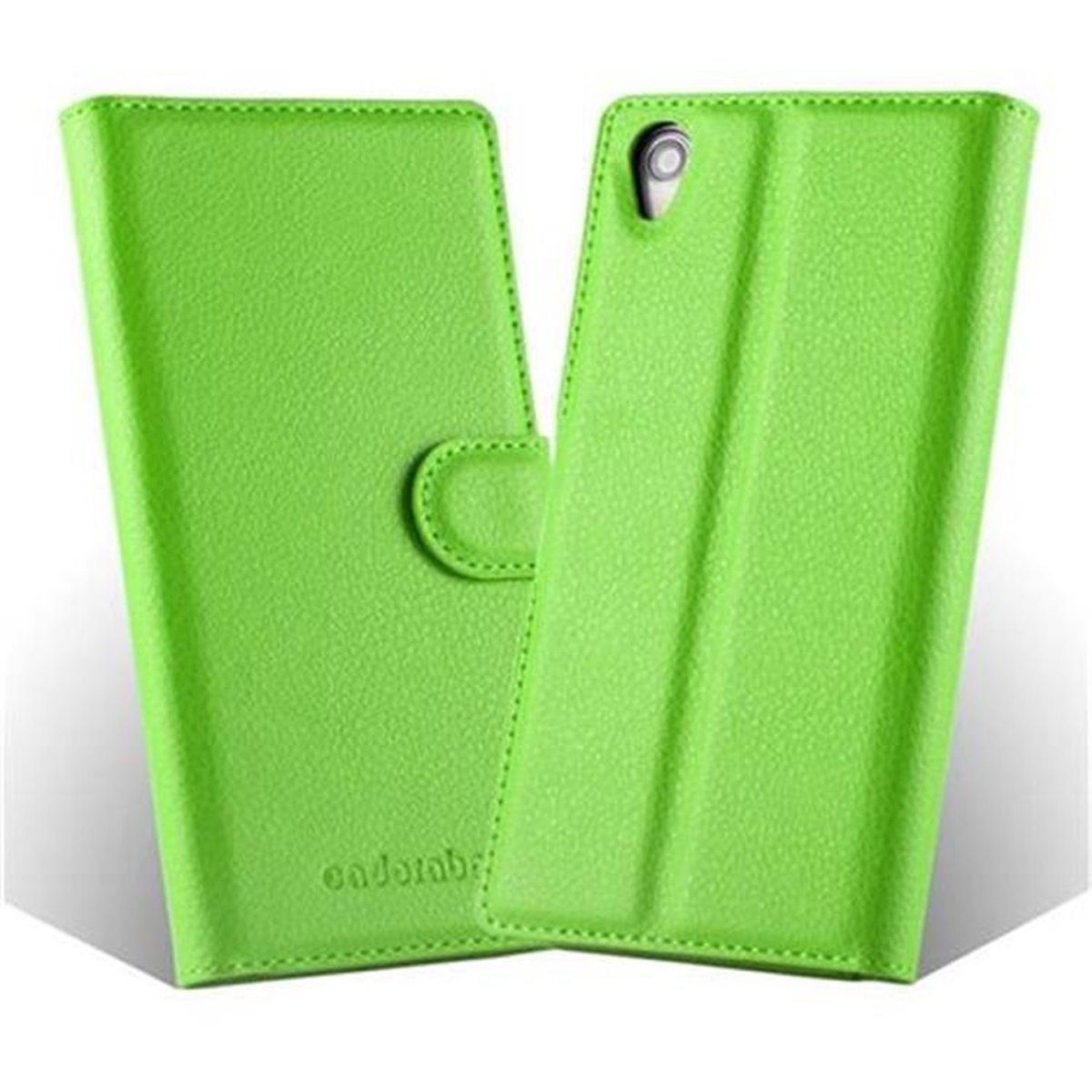 Custodia per telefono verde aperta, che mostra due lati. La custodia ha un bottone e dettagli di cucitura.