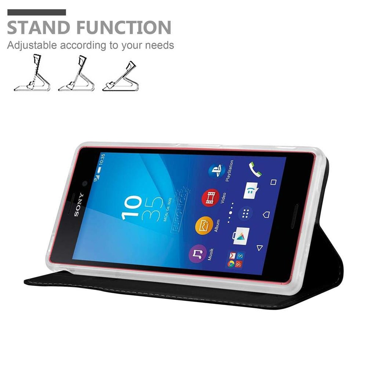 Un teléfono en una funda, abierto y apoyado. El texto superior dice 'Stand Function'.