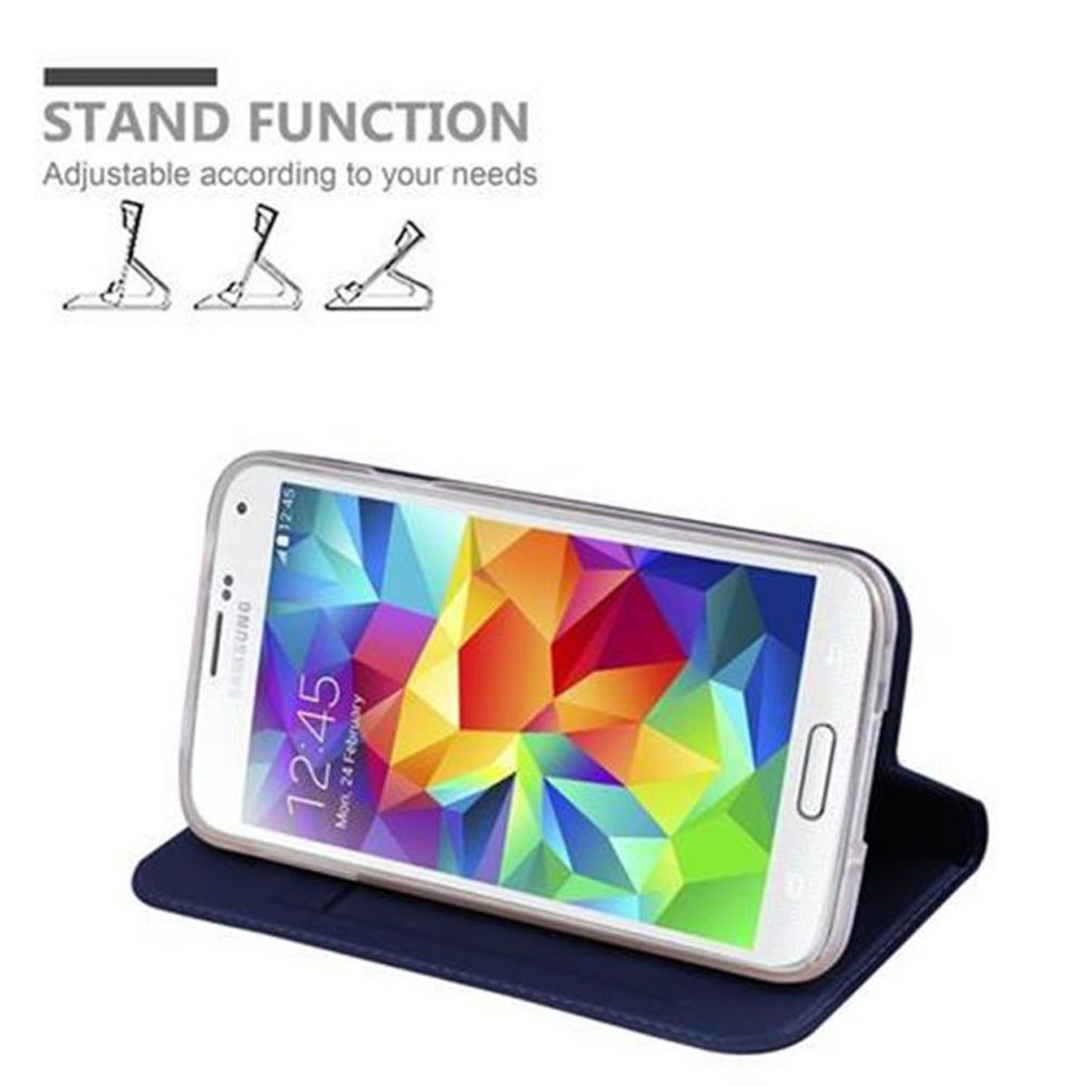 Ein Telefon in einer blauen Hülle, auf der Seite stehend. Text oben: STANDFUNKTION.