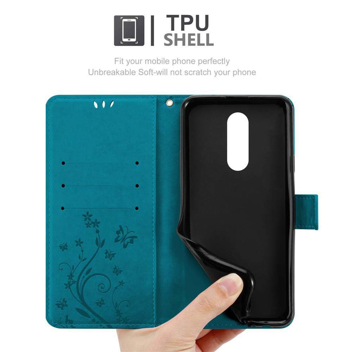 Custodia per telefono verde acqua con guscio nero all'interno. Design floreale e farfalle.