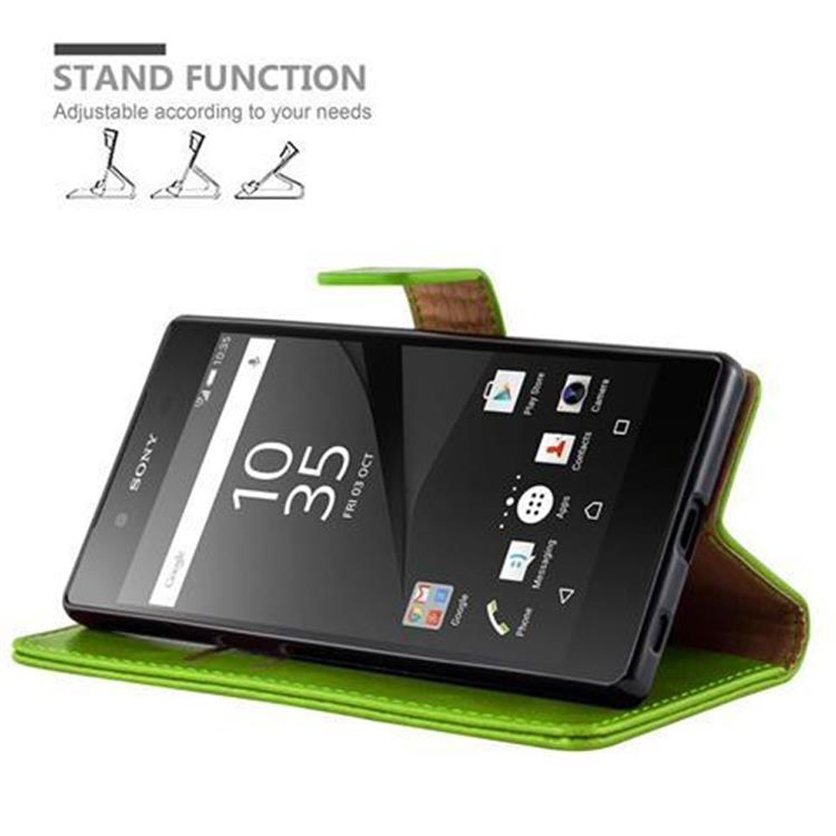 Telefono nero in custodia verde, con funzione stand. Il telefono è aperto.