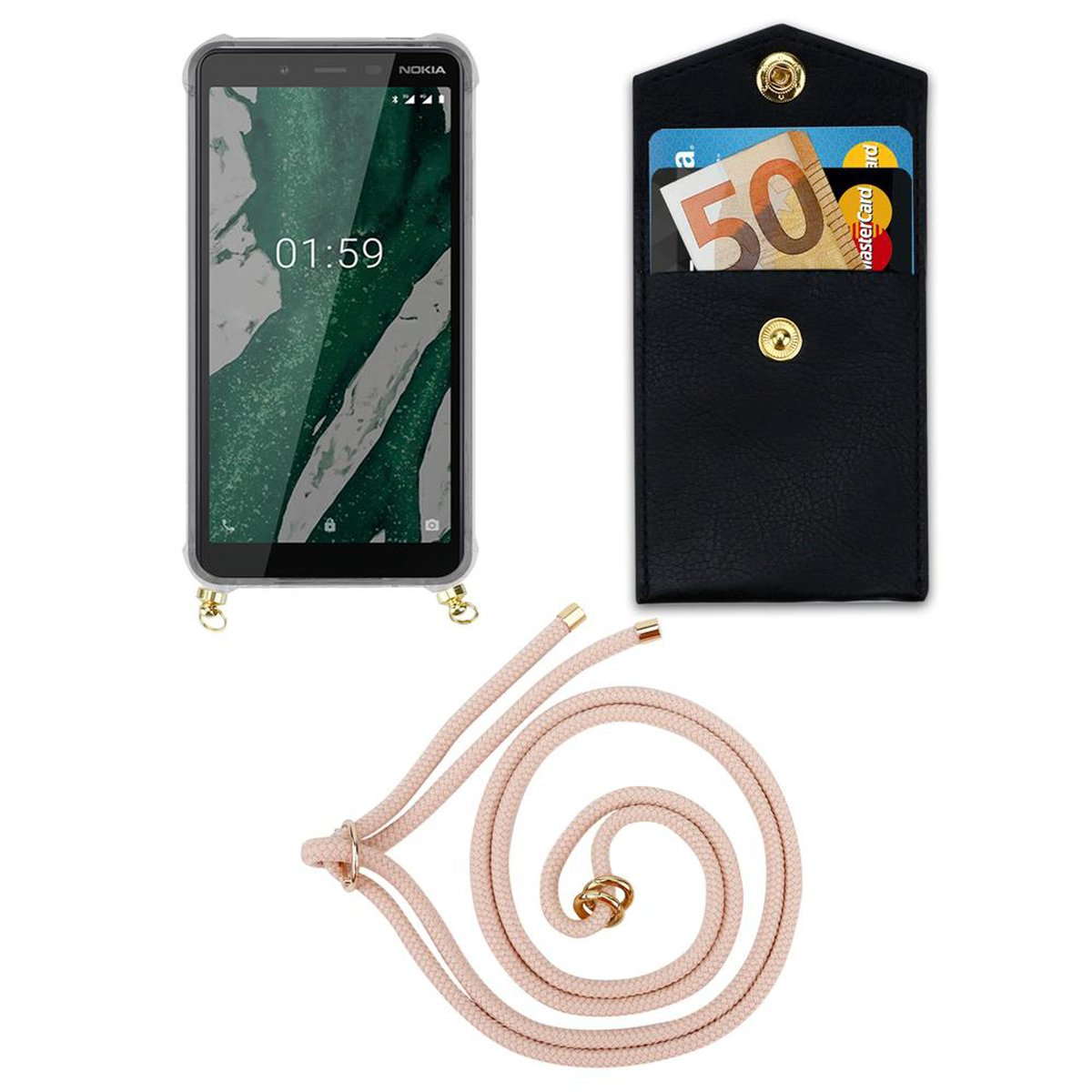 Handy Nokia, Ringen, Backcover, 1 ROSÉGOLD Hülle, und Band mit abnehmbarer Kette PLUS, PERLIG Gold Kordel CADORABO