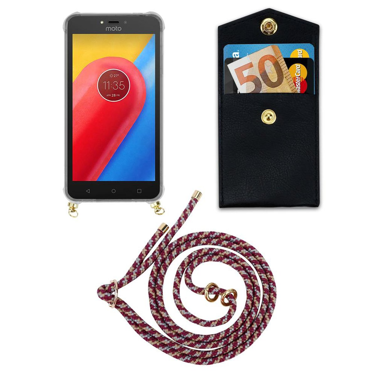 PLUS, Motorola, WEIß Handy Hülle, Backcover, GELB Gold Ringen, und abnehmbarer C Band mit ROT CADORABO Kette Kordel MOTO