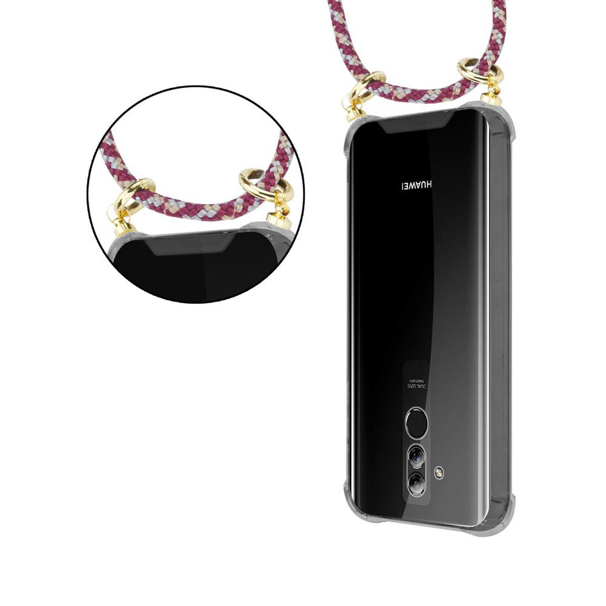 CADORABO Handy Kette mit Gold und Backcover, MATE LITE, abnehmbarer Ringen, Band WEIß ROT Huawei, 20 GELB Kordel Hülle