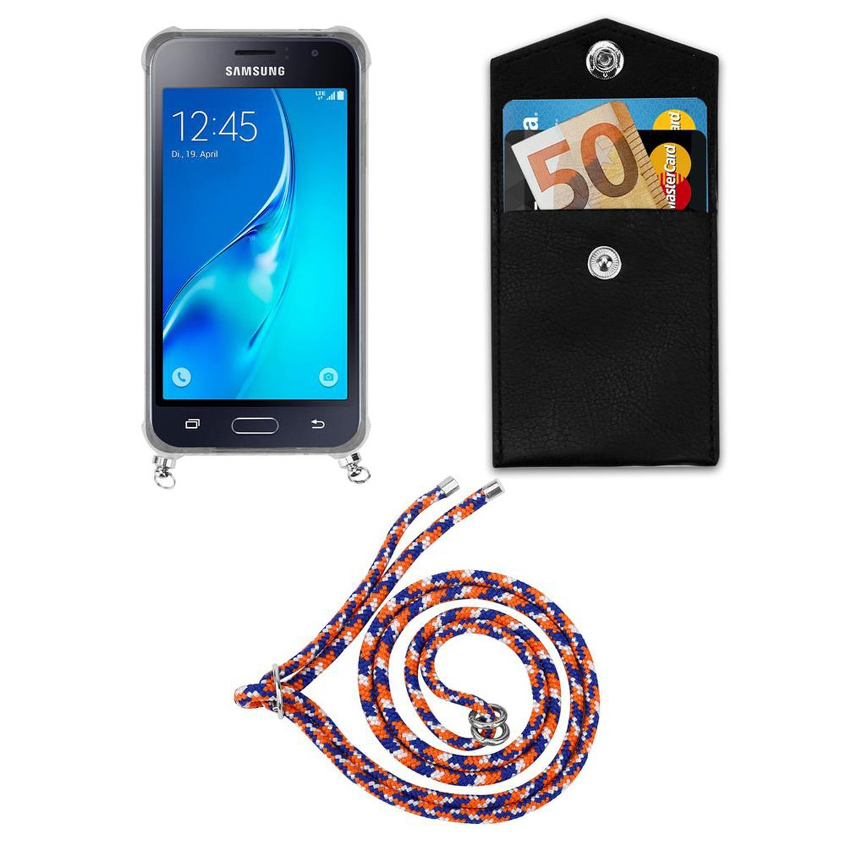 Hülle, und ORANGE Samsung, Handy CADORABO Kette Galaxy mit Kordel Silber Ringen, Backcover, WEIß Band BLAU J1 abnehmbarer 2016,